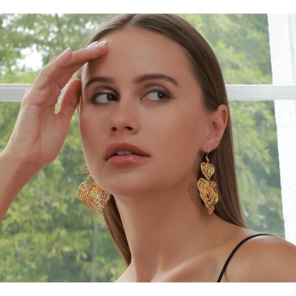 Big Gold Hollow Out Boho Geometric Hook Statement  Gold Heart Dangle Earrings - Picture 6 of 8